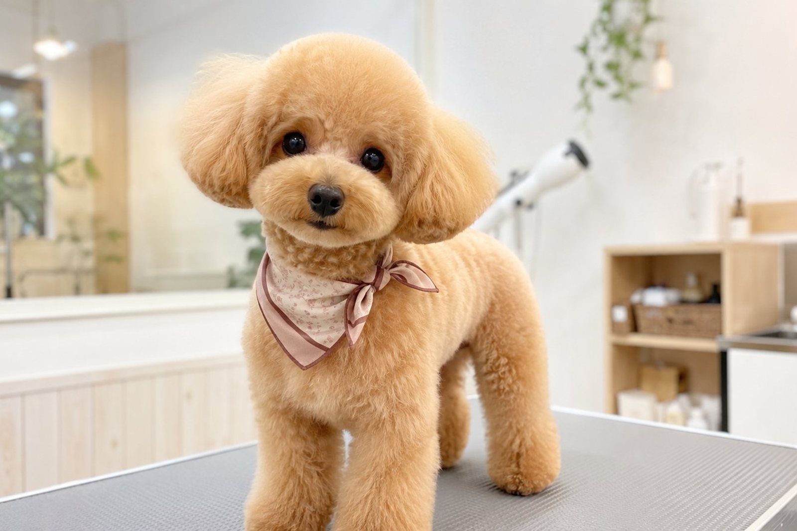 トリミング台の上の、トリミング後の犬（イメージ）